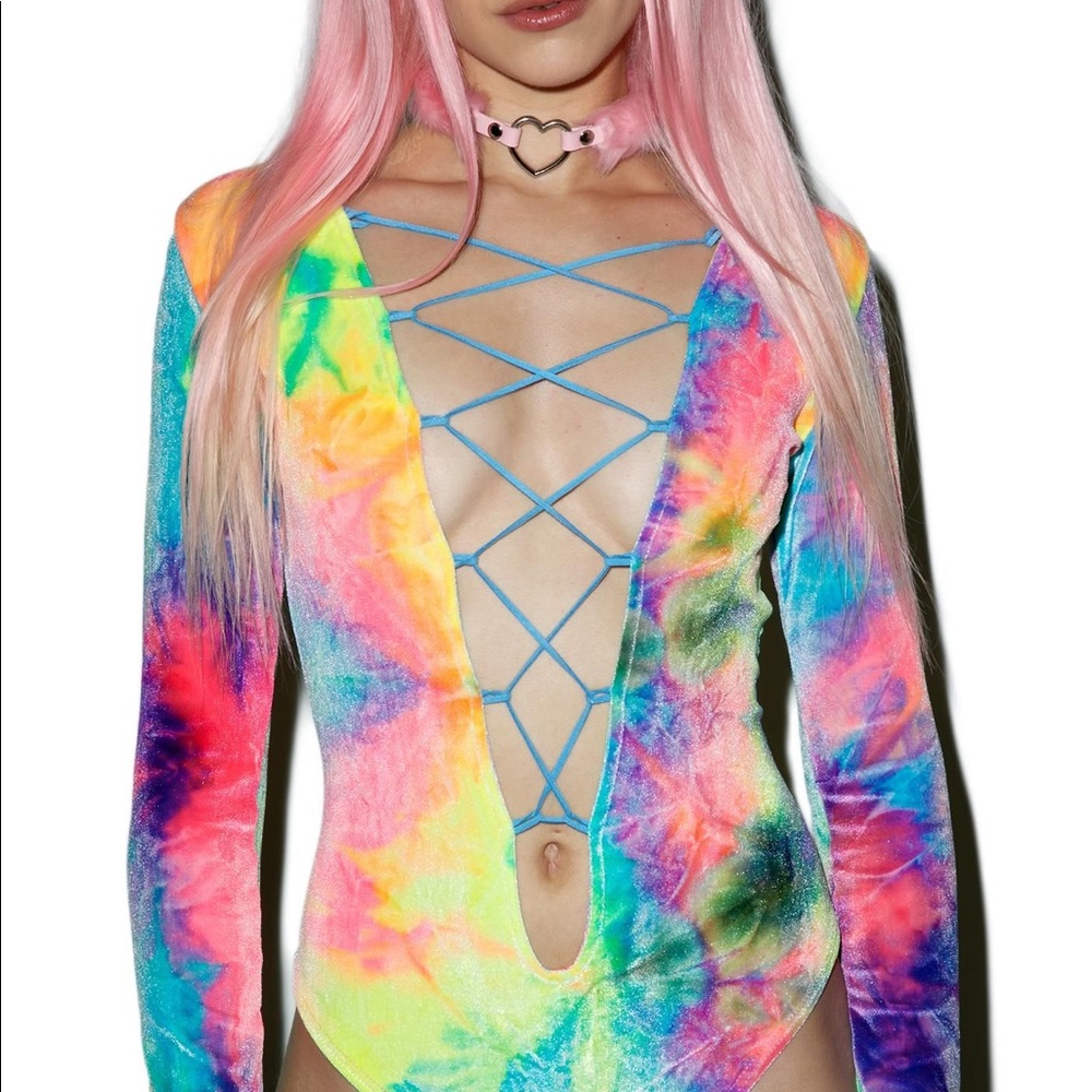 Dolls kill Rainbow velvet tie up bodysuit🌈